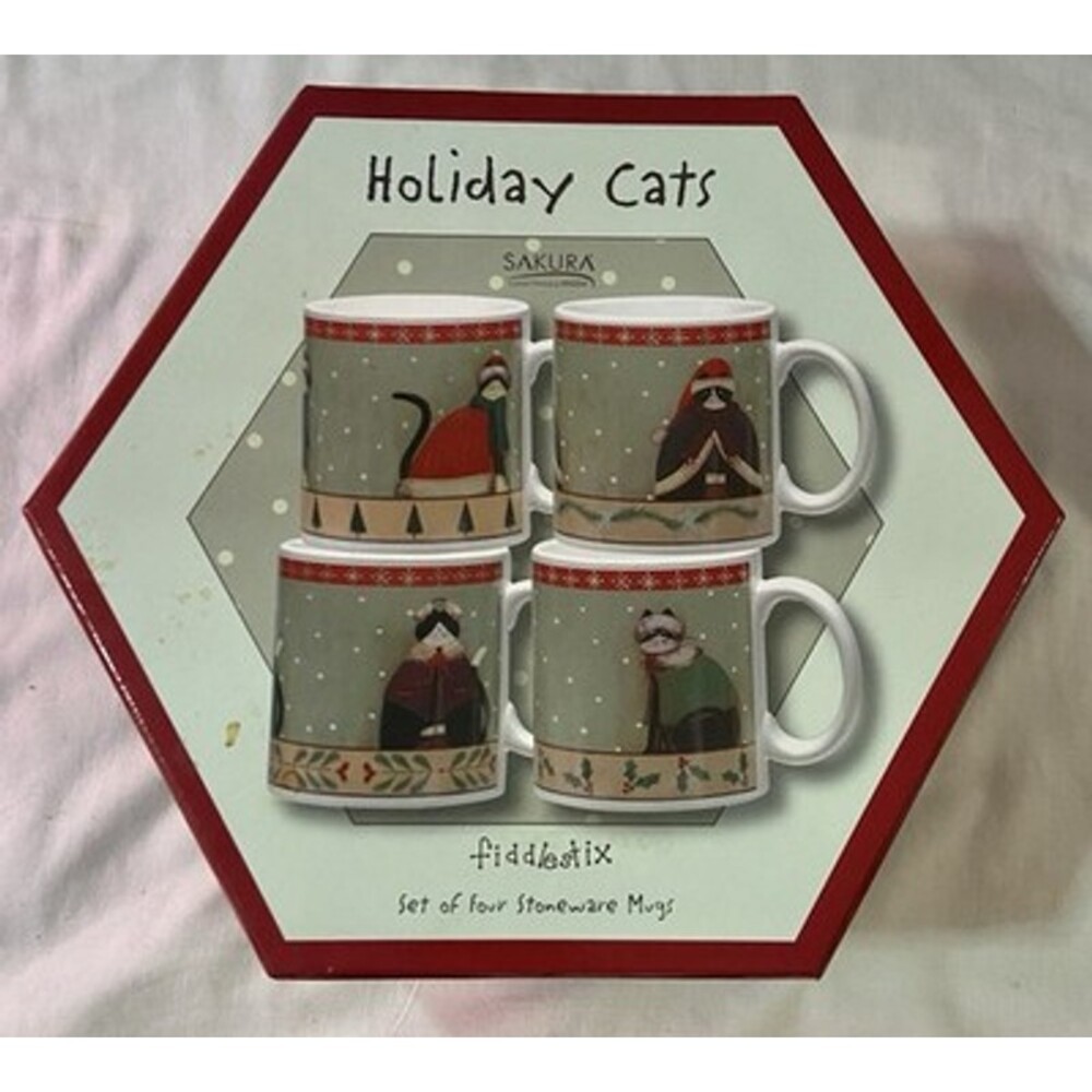 NEW Sakura Holiday Cats Set of 4 Fiddlestix Stoneware Mugs / Coffee Cups